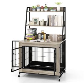 Industrial Dog Kennel Dog Crate Furniture with Storage Shelves (Color: Grey)